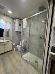 a bathroom with a glass shower and a toilet at Cube30 Águeda - Alojamento Local 3 in Águeda