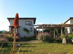 a house with a flowering plant in the yard at Tiny house Refugio santa isabel in Colonia Chapadmalal