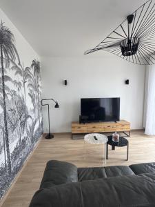 a living room with a couch and a flat screen tv at Maison des chênes in Bavilliers
