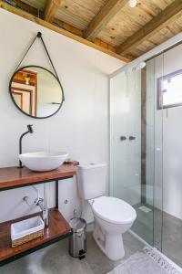 a bathroom with a toilet and a sink and a mirror at Sua casa na Guarda com jardim privado in Guarda do Embaú