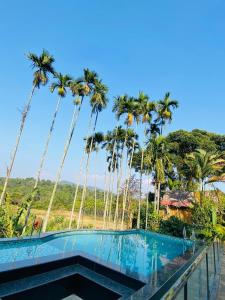 a swimming pool with palm trees in the background at Silent Pool Villa in Madikeri