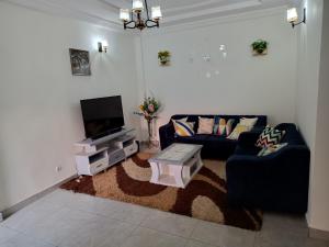 a living room with a couch and a tv at Olympus House Meublé in Yaoundé