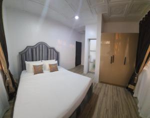 Un dormitorio con una gran cama blanca con dos almohadas. en Home 11, en Lekki