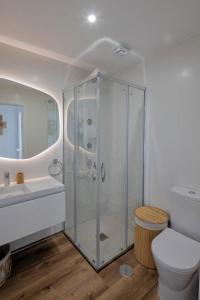 ein Badezimmer mit Glasdusche und Toilette in der Unterkunft Peace Haven III in Câmara de Lobos + 22 Fotos