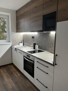 una cucina con mobili bianchi e un forno a piano cottura di In City by IQ Apartments a Prešov