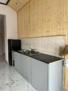 a kitchen with a stove and a refrigerator at MM HOUSE Stepanavan in Stepʼanavan