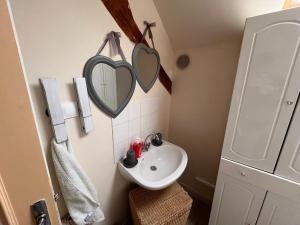 a bathroom with a sink and a mirror on the wall at Douceur et quiétude rurale in Lassay-sur-Croisne +10 photos