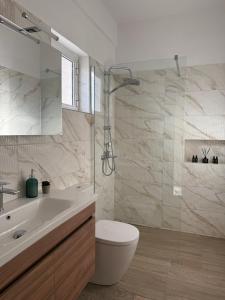 a bathroom with a toilet and a sink and a shower at Between Meteora Trikala BMT House in Tríkala