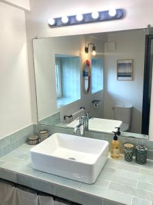 Un baño con lavabo y un espejo grande. en Chambre au calme sur jardin avec Terrasse, en La Rochelle