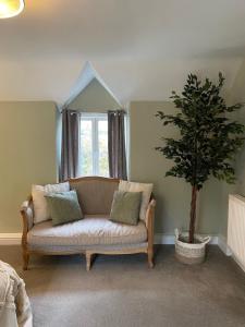 a living room with a couch and a tree at Penddol Cottage & Boathouse in Llangollen
