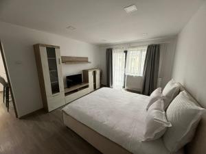 a bedroom with a large white bed and a mirror at La Maria in Comăneşti