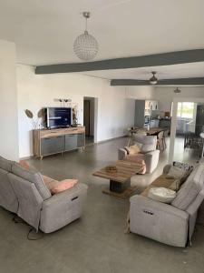 MtsamboroGrande maison avec vue sur la mer的带沙发和桌子的大客厅