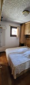 a bedroom with a bed with a blue blanket on it at Appartamento carciato dimaro in Dimaro