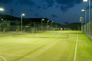 una pista de tenis por la noche con luces encendidas en Hotel Familio Tateyama en Tateyama