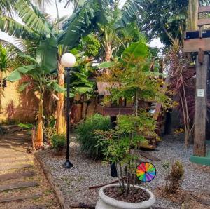 a garden with palm trees and a street light at Pousada Recanto dos Pássaros in Peruíbe