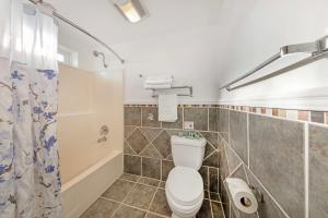 a bathroom with a toilet and a shower at Best Western Harbour Inn & Suites Huntington - Sunset Beach in Huntington Beach