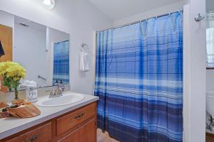 a bathroom with a sink and a blue shower curtain at Miss Lilian's House in Wimberley +36 photos