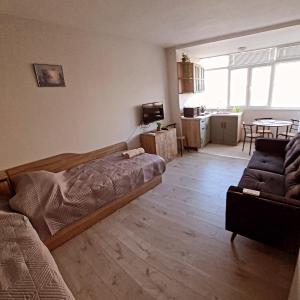 ein Wohnzimmer mit einem Bett und einer Couch in der Unterkunft Апартаменти за Гости ИвАя Запад Казанлък in Kasanlak