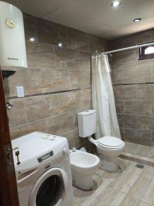 a bathroom with a toilet and a washing machine at Las Carolas in Santa María