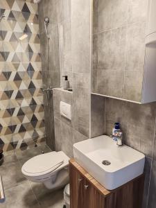 a bathroom with a white sink and a toilet at Apartman sa pogledom na Ozren in Soko Banja