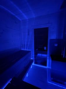 um quarto com luzes azuis num quarto em Maringotka u lesa em Staňkovice