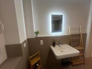 a bathroom with a sink and a mirror at HAMA Design Homes Pader-Lounge in Paderborn +15 photos