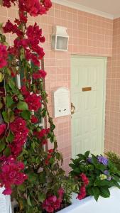 a bunch of flowers next to a white door at Casa Buganvilia Penela - rooms near of the castle in Penela