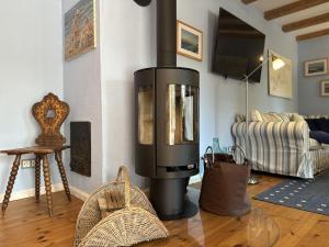 - un salon doté d'un poêle à bois dans l'établissement Ferienhaus Kleine Flucht Neuendorf, à Putbus