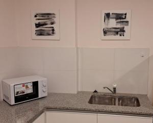 una cocina con fregadero y microondas en Bahiaxdia Premium, en Bahía Blanca