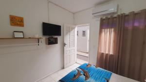 um quarto com uma cama, uma TV e uma janela em Open House Canasvieiras - OH HOTÉIS em Florianópolis