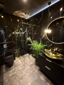a black bathroom with a toilet and a sink at Jacuzzi Jungle Apartments in Malbork +26 photos