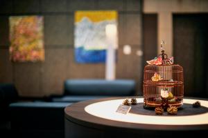 a cake sitting on top of a table at Park Hotel Tokyo in Tokyo