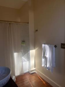a bathroom with a shower and white towels on a wall at Tanglewood Inn in Greenville