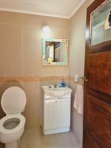 a bathroom with a toilet and a sink and a mirror at El Charanguito Casa Quinta in Capilla del Señor +24 photos
