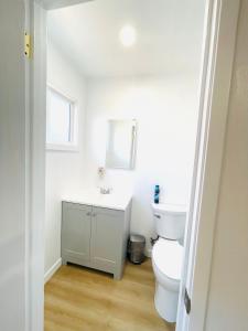 een badkamer met een wit toilet en een wastafel bij Cozy Home in the Valley 3 in San Jose