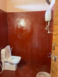 een badkamer met een toilet en een bruine muur bij Tropical Hampi in Hampi