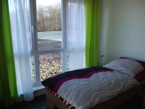 Pension Rammert في Großbettlingen: غرفة نوم مع نافذة مع ستائر خضراء وبيضاء