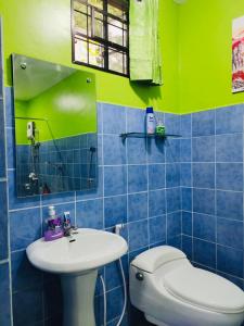 a blue and green bathroom with a toilet and a sink at EntireHouse n Panglao FastWiFi AC HotShowers Netflix in Dauis