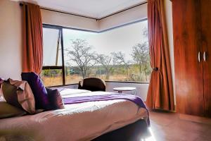 Un dormitorio con una cama y una ventana grande. en Zebula 6 Bedroom Lodge IV2, en Bela-Bela