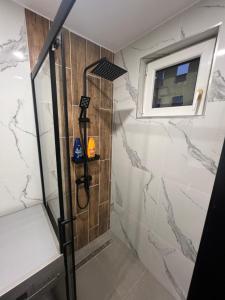 a shower in a bathroom with a window at A&D Apartament 2 camere in Baia Mare