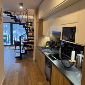 シュチルクにあるApartament Solisko z widokiem na trasę narciarską - Dream Apartのシンクとカウンタートップのあるキッチン