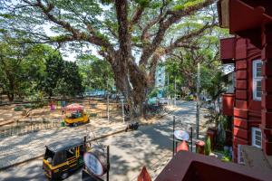a yellow bus driving down a street with a tree at Koder House in Cochin