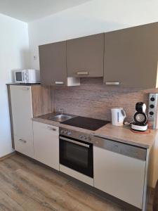 a kitchen with a stove and a sink at Ferienwohnung Mentenwirt Alp Lungau in Sankt Michael im Lungau