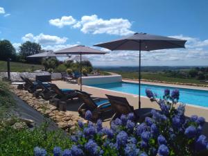 a row of chairs and umbrellas next to a pool at La Sarlamandre, Chambres et table d'Hôtes in Marcillac-Saint-Quentin