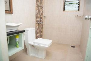 Un baño con inodoro blanco y ducha. en Casa Flore- 1bhk studio apt, en Bardez