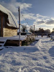 Saint-Germain-dʼAunayChalet Miro的雪覆盖的院子,有房子和长凳