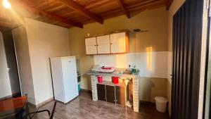 a small kitchen with a counter and a refrigerator at Carmen del Paraná Sandra Hostel in Carmen del Paraná