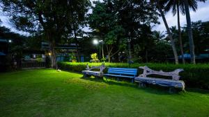 three park benches sitting in the grass at night at Sakthi River Resort in Pollāchi