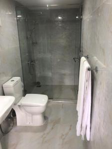 a bathroom with a shower and a toilet and a sink at Panorama Green View Hotel Nuwara Eliya in Nuwara Eliya +77 photos