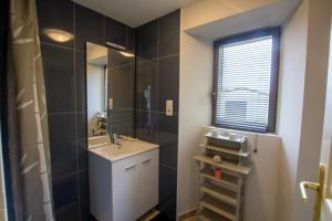un bagno con lavandino e doccia con specchio di Le moulin a vent a Nailhac Altre 5 foto